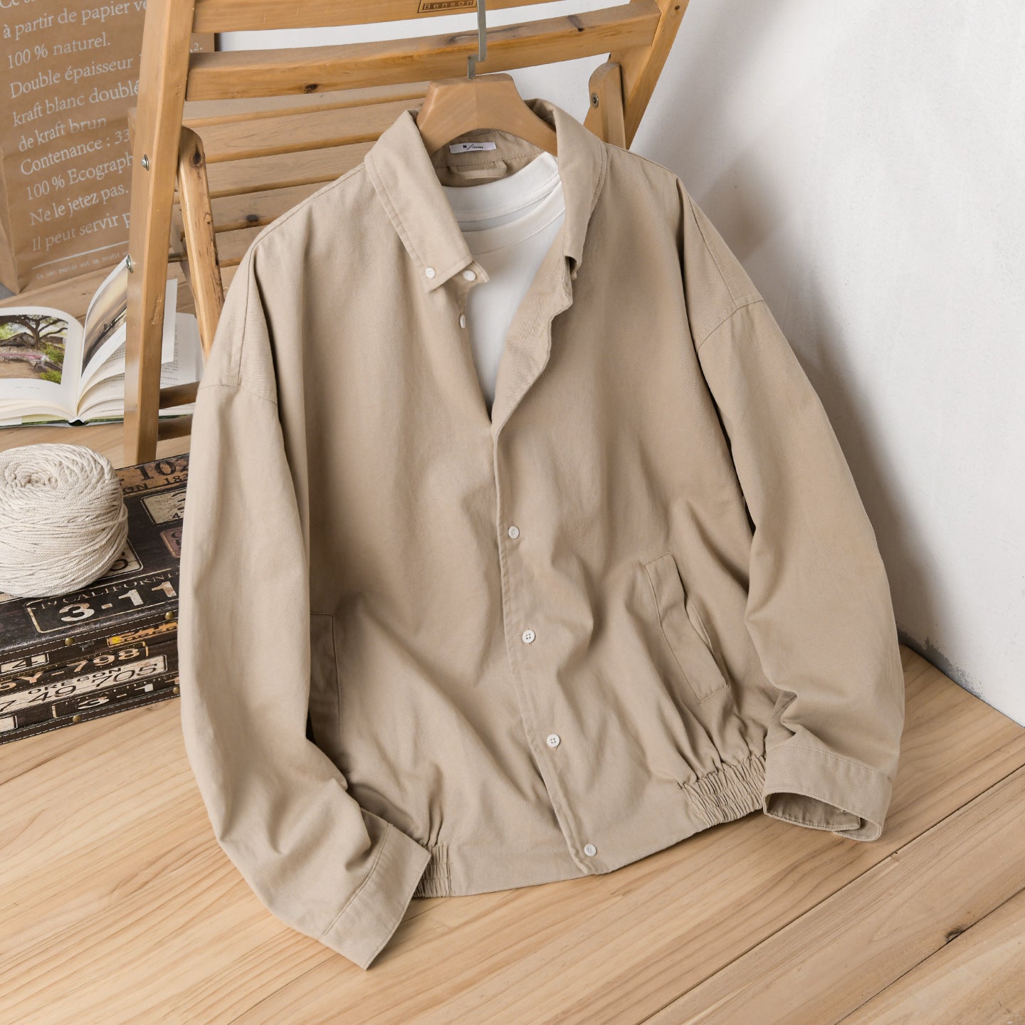 Men's Lightweight Cotton Utility Jacket with Button Placket and Elastic Hem Chichicherry