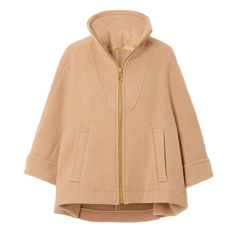 Women's Short Cape Jacket made of Wool Blend with Stand-up Collar and Zipper Chichicherry
