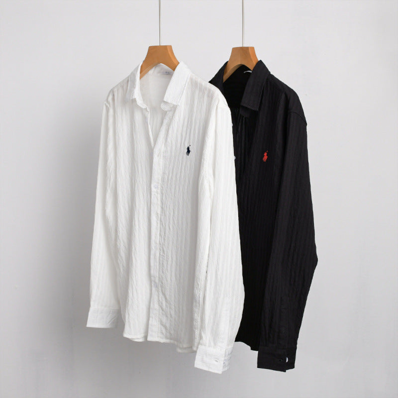 Men's Lightweight Cotton Long Sleeve Shirt in Layering Style with Fine Crinkle Texture and Kent Collar Chichicherry