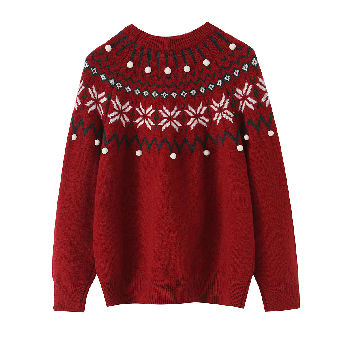 Women’s Norwegian Pattern Knit Sweater with Round Neck and Three-Dimensional Pompons Chichicherry