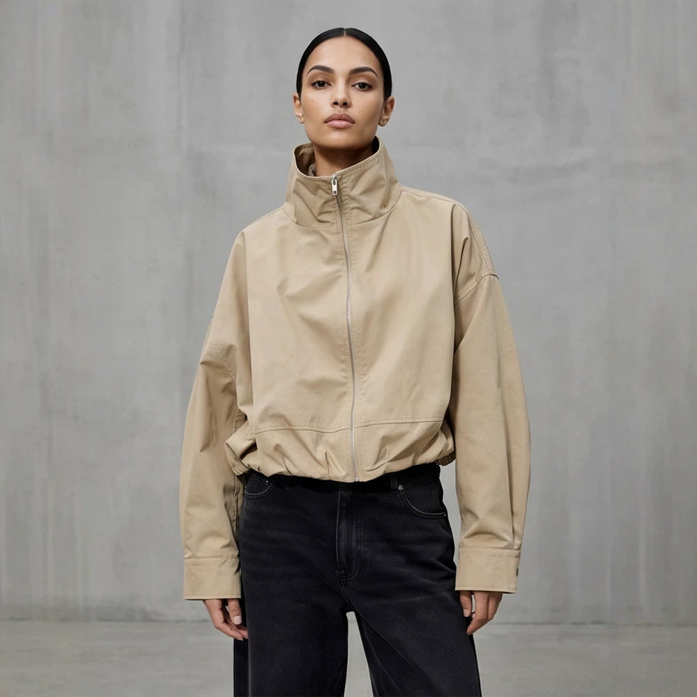 Women's Boxy-Cropped Windbreaker Jacket with High Standing Collar and Straight Hem Chichicherry
