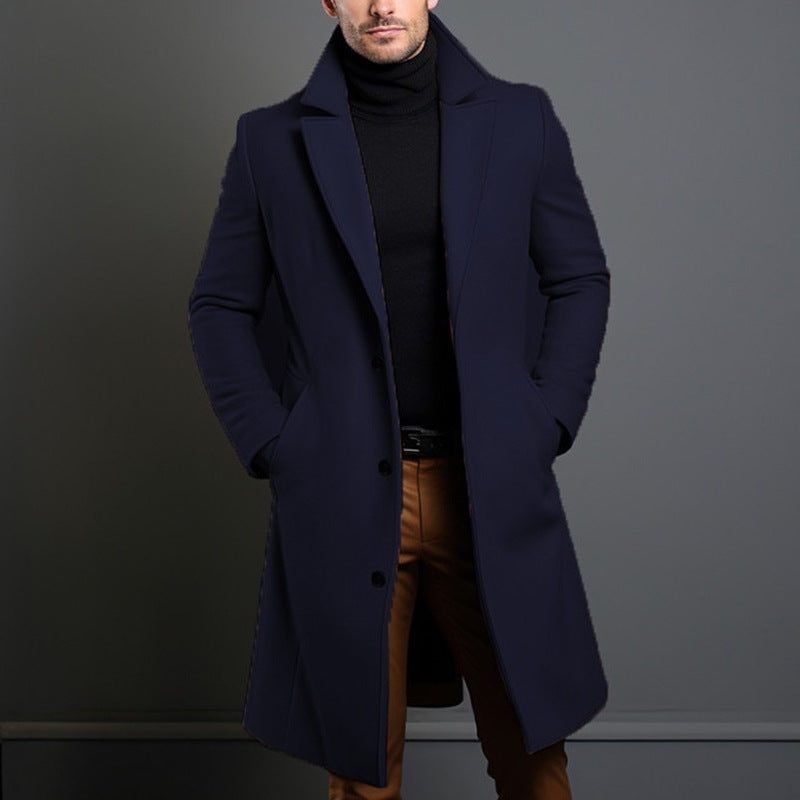 Men's Longer Tailored Wool Coat with Lapel Collar and Flap Pockets Chichicherry