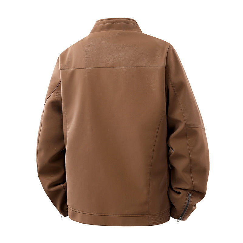 Men's Casual Leather-Look Blouson with Stand-Up Collar and Concealed Zipper Chichicherry