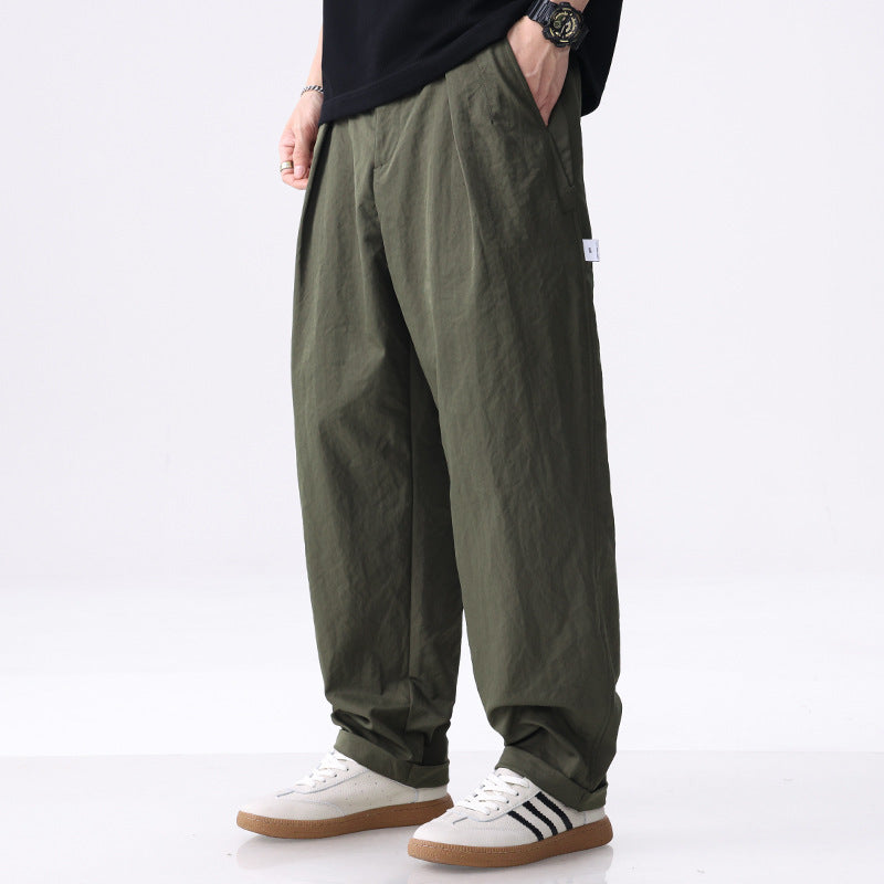 Men's Wide Cotton Blend Cargo Pants with Pleats and Elastic Drawstring Chichicherry