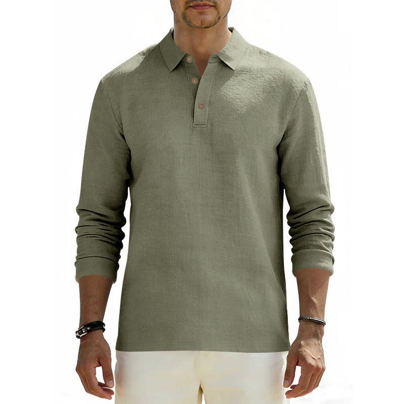 Men's Long Sleeve Polo Shirt made of Cotton Gauze with Three-Button Placket Chichicherry