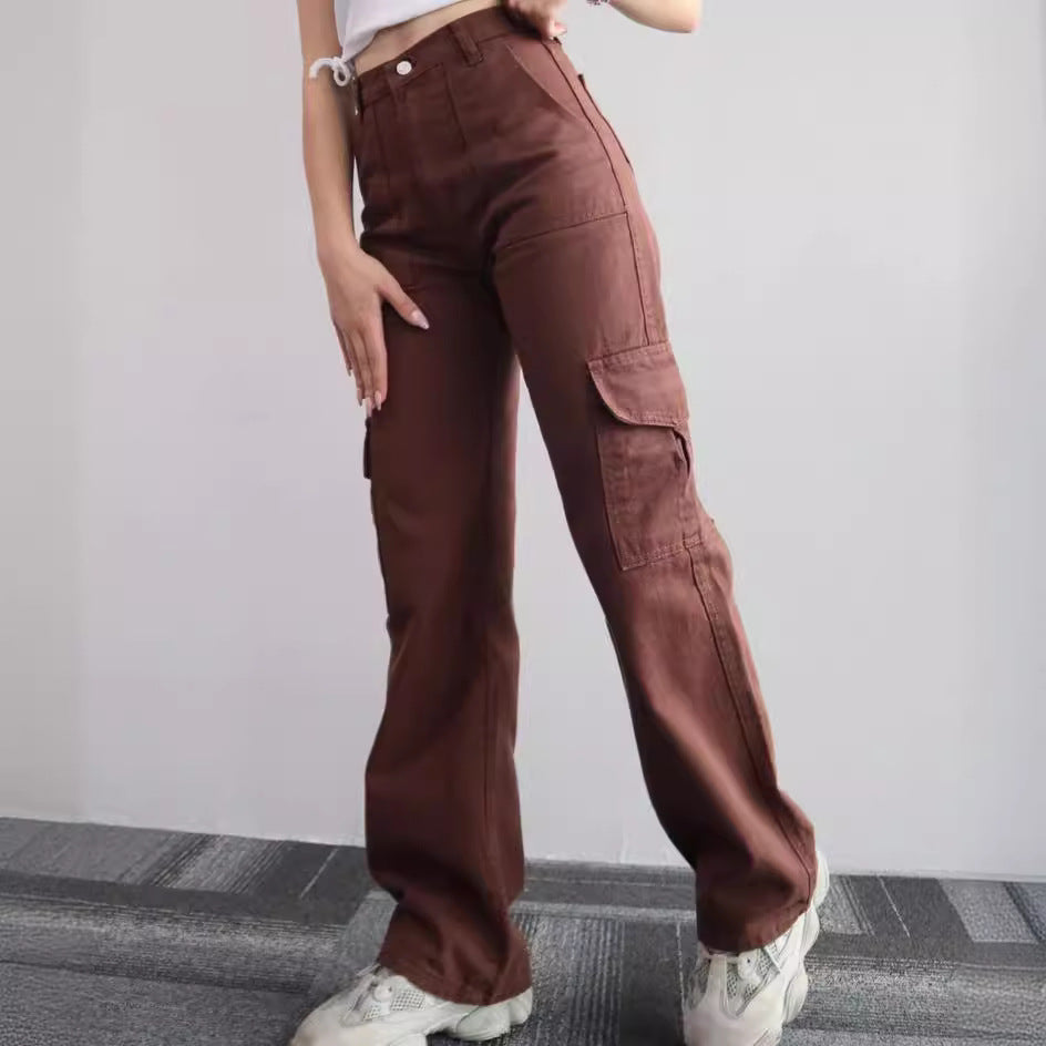 Damen Cargohose mit hoher Taille, geradem Bein und aufgesetzten Pattentaschen Chichicherry