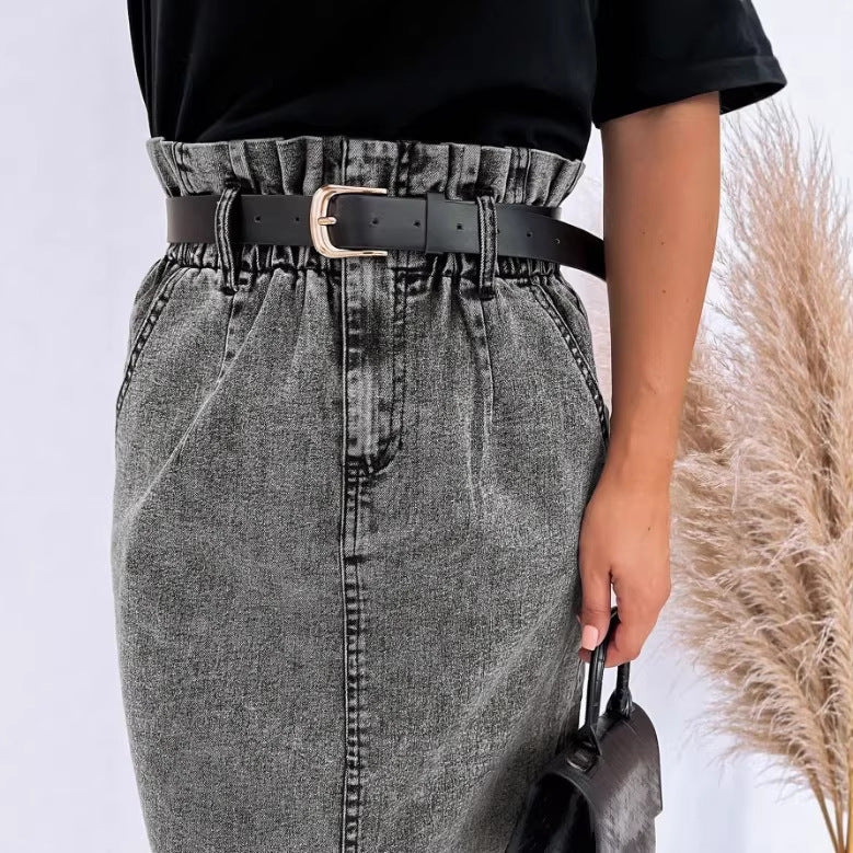 Women's High-Waisted Paperbag Denim Midi Skirt with Front Slit and Tied Belt Chichicherry
