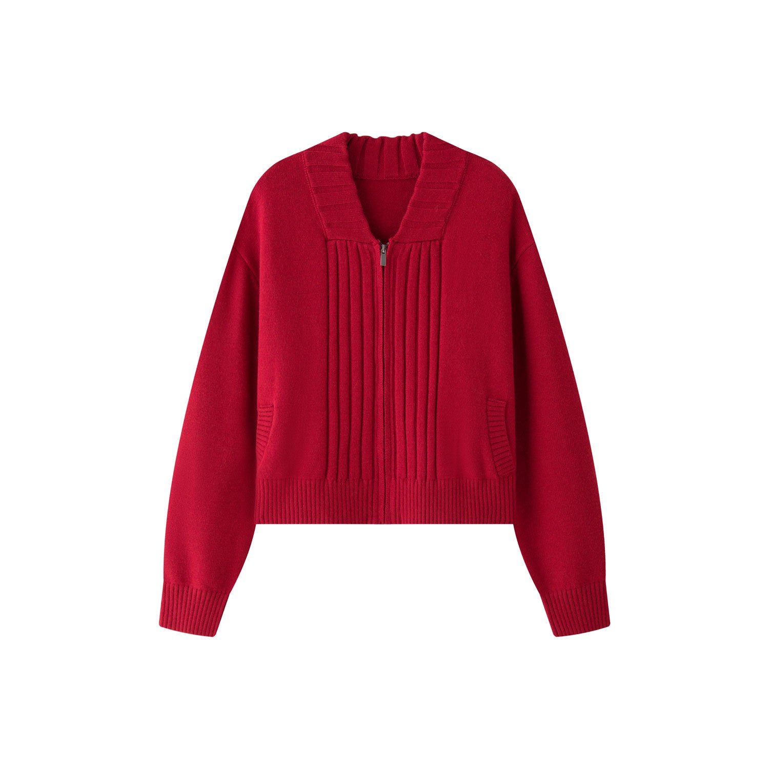 Women's short-cut zipper knit cardigan with vertical rib pattern and patch pockets Chichicherry