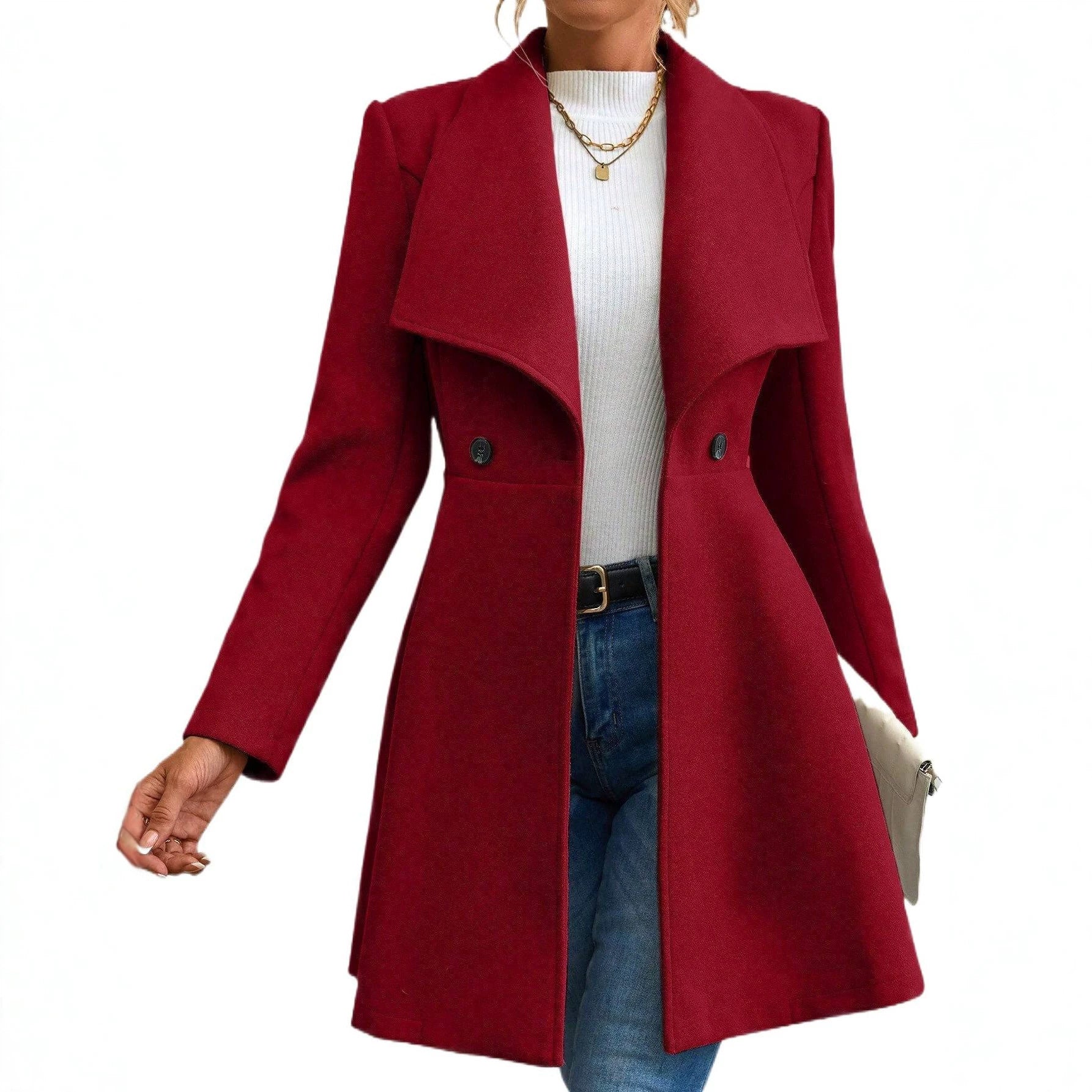 Ladies Tailored Short Coat with Waterfall Collar and Flared Peplum Chichicherry