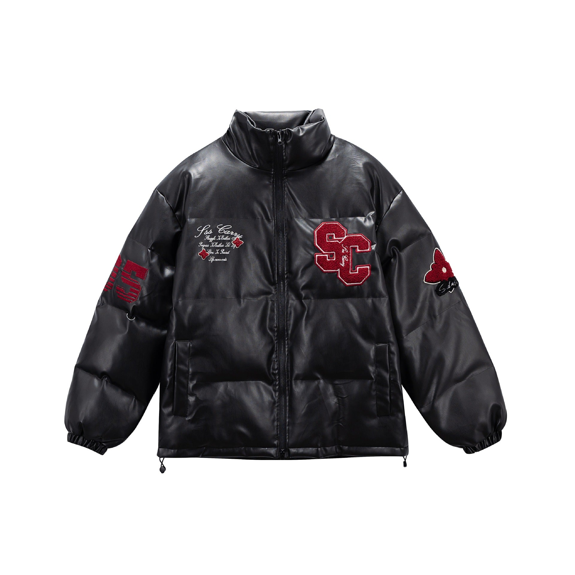 Unisex Short padded college puffer jacket with high stand-up collar, appliqués and drawstring hem Chichicherry