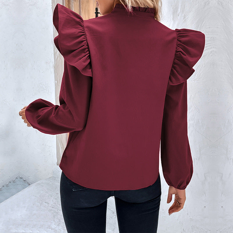 Women's Romantic Ruffled Blouse with Stand Collar, V-Neck and Balloon Sleeves Chichicherry
