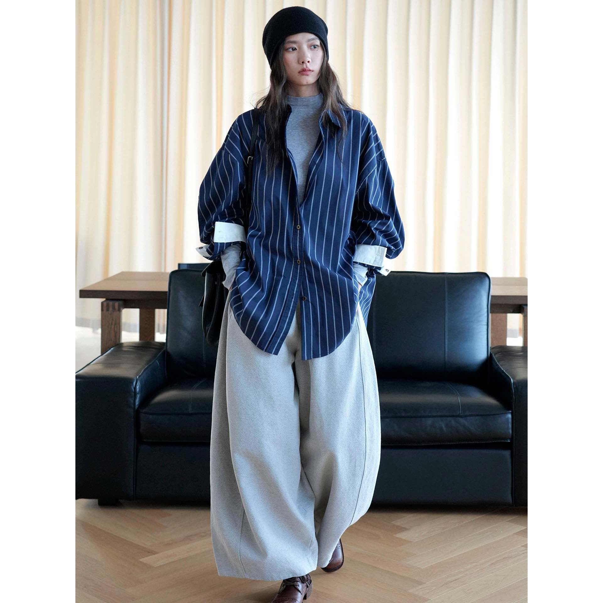 Women's Oversized Stripe Blouse with Contrast Cuffs Chichicherry
