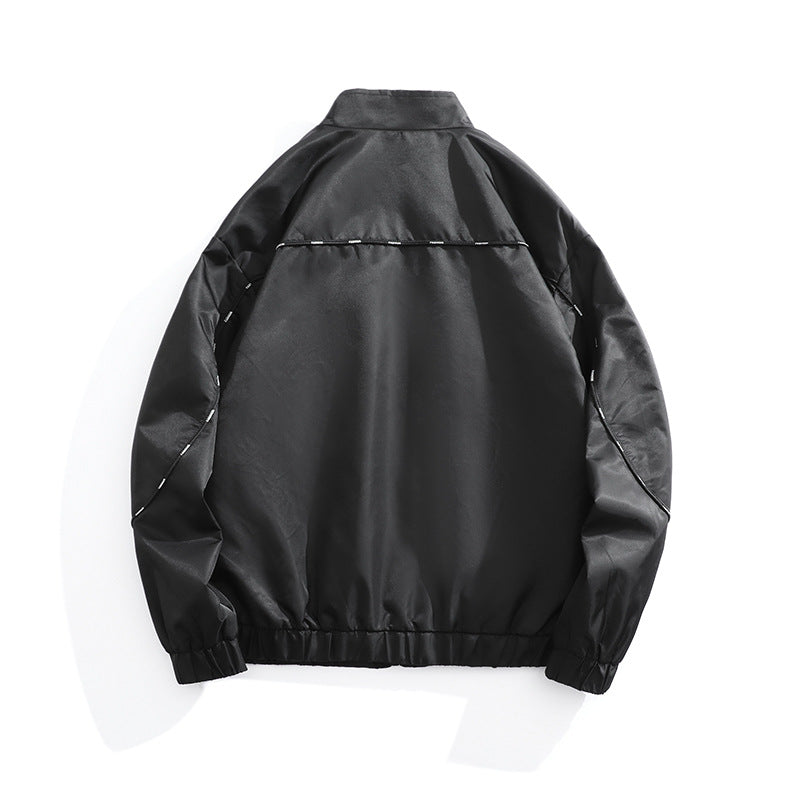 Men's Lightweight Utility Bomber Jacket with Flap Pockets, Stand-Up Collar, and Elastic Hem Chichicherry