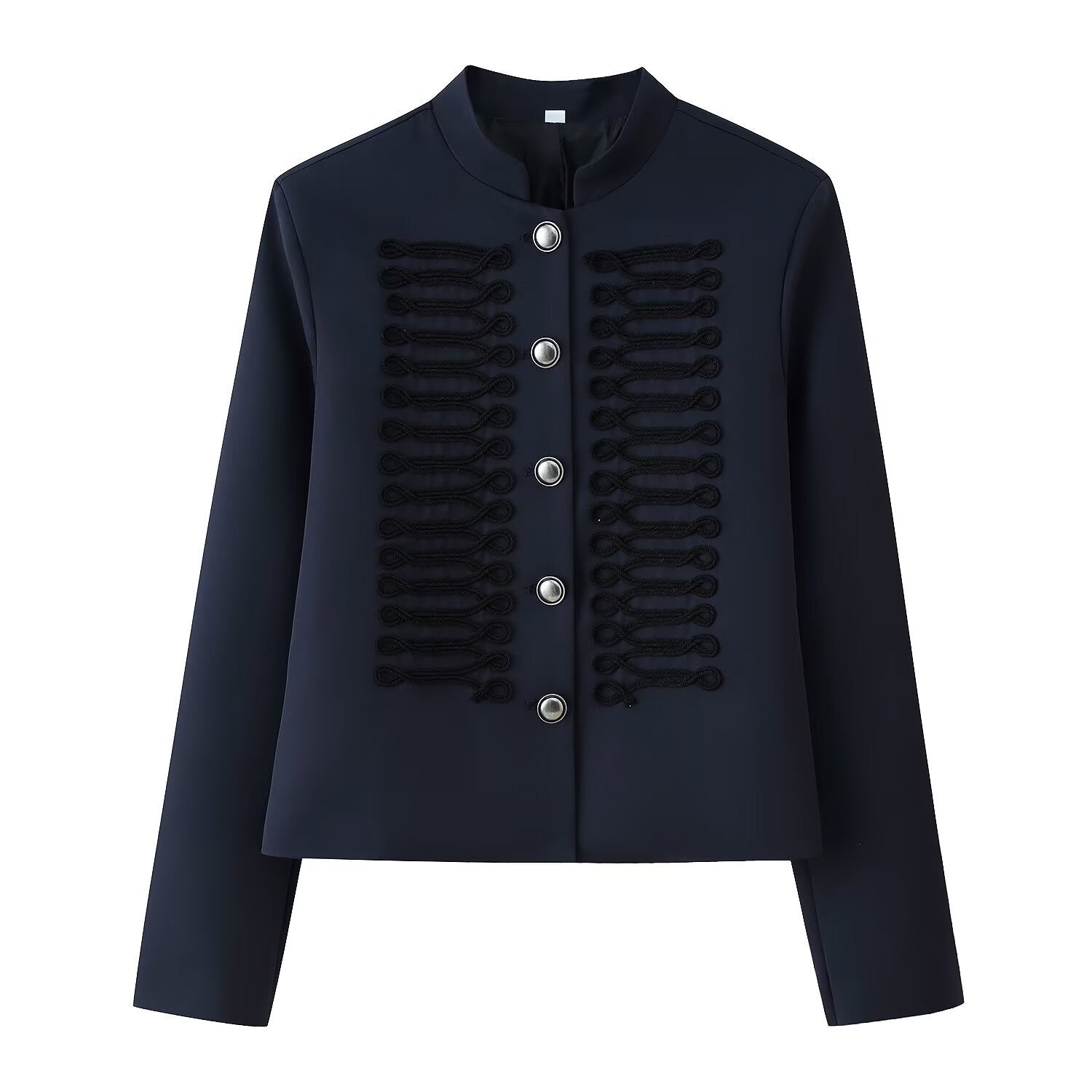 Women’s short military-style jacket with stand-up collar, decorative cord trimming, and decorative buttons Chichicherry