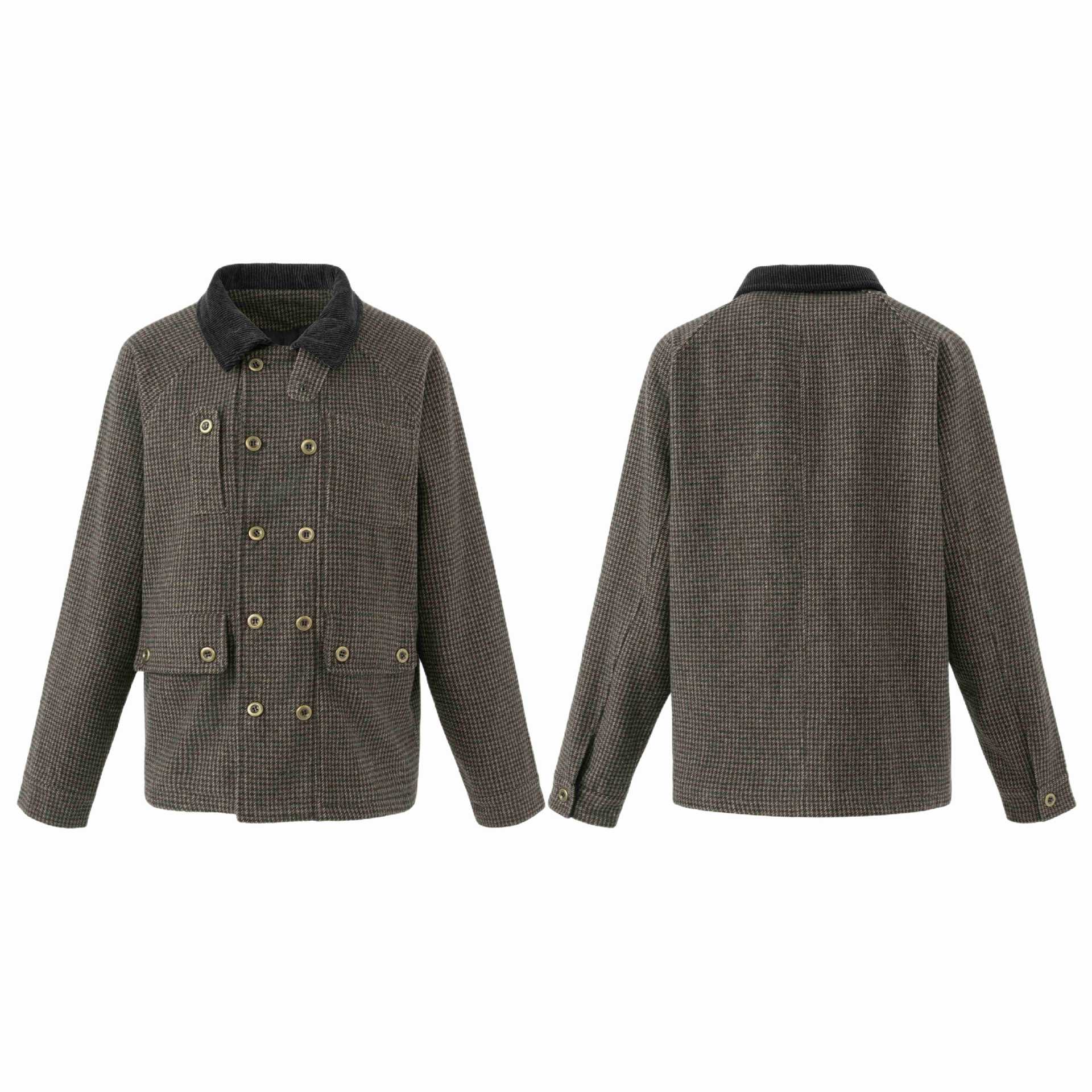 Men's double-breasted wool blend blouson with corduroy collar and patch pockets Chichicherry