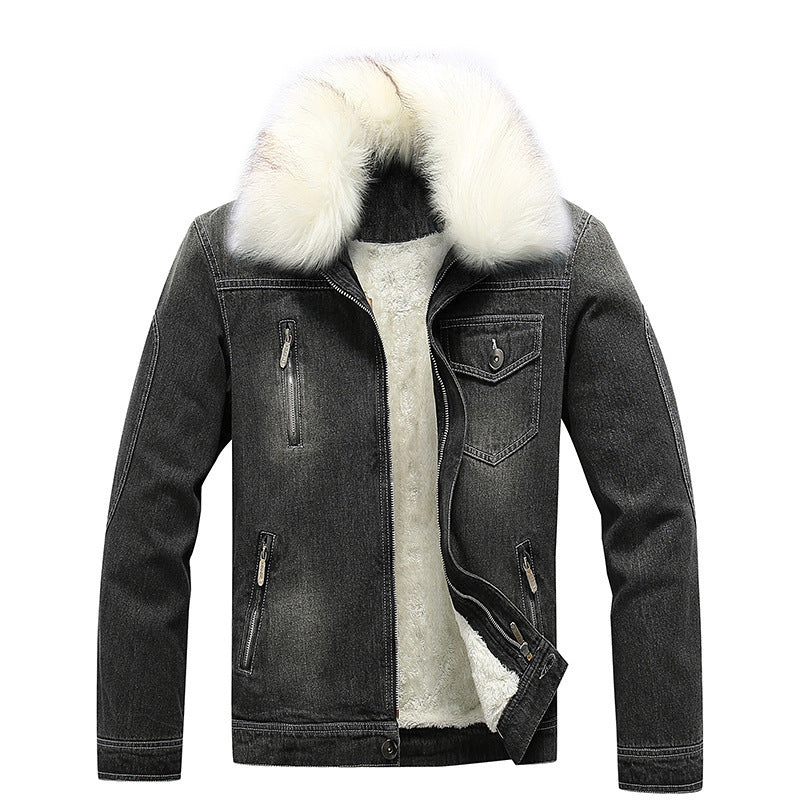 Men's denim jacket with teddy lining, padded interior, and removable faux fur collar Chichicherry