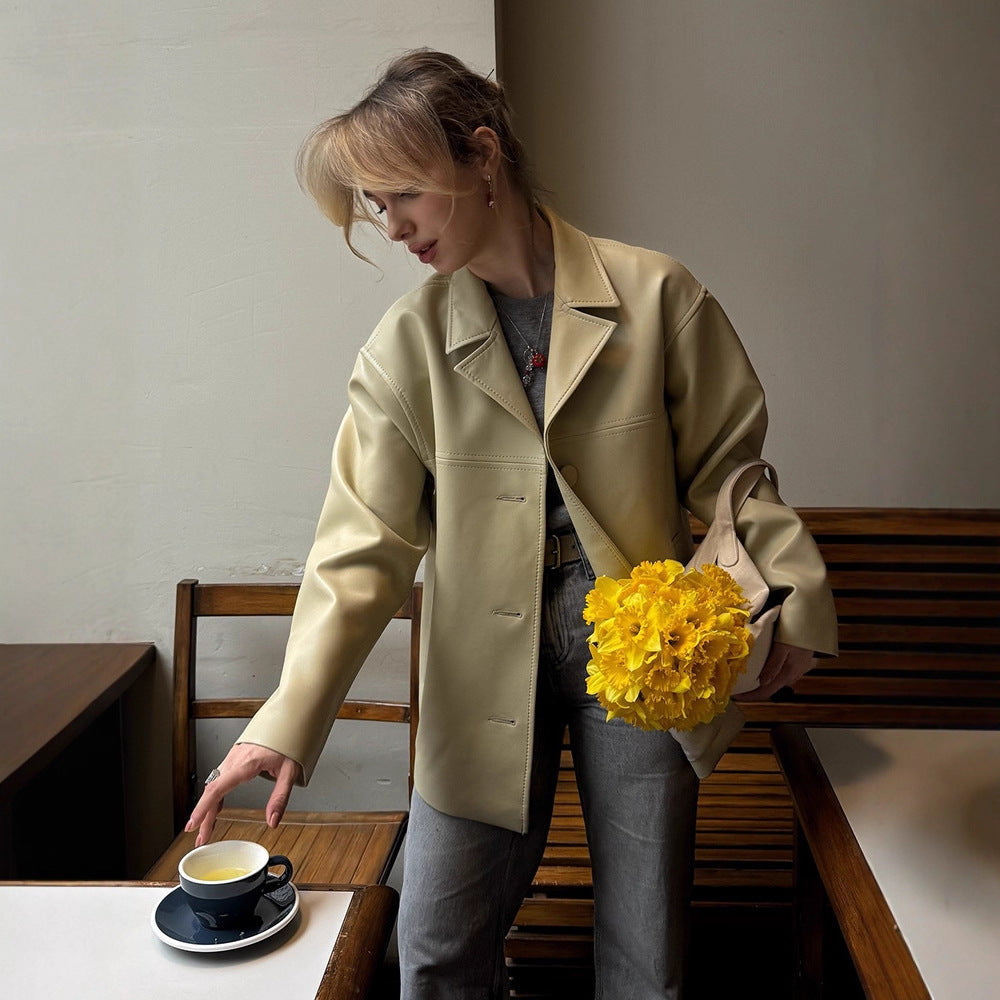 Women Boxy Oversized Blazer Jacket made of vegan leather imitation with dropped shoulder Chichicherry