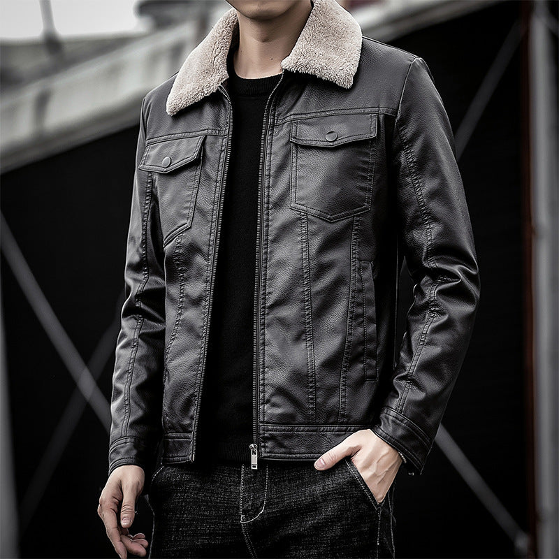 Men's pilot bomber jacket in leather look with teddy collar and utility details Chichicherry