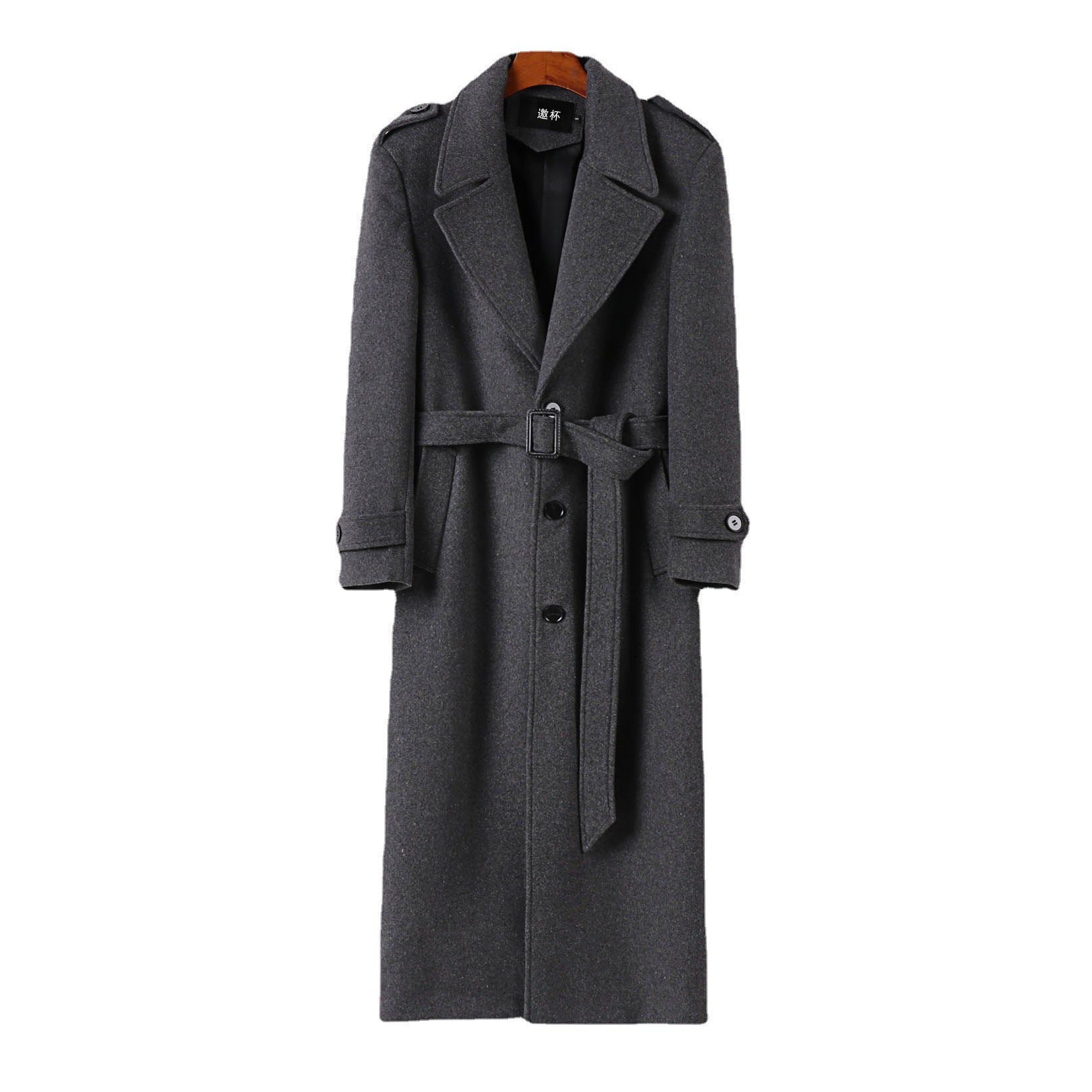 Men's Floor-Length Single-Breasted Wool Blend Coat with Distinctive Lapels and Shoulder Straps Chichicherry