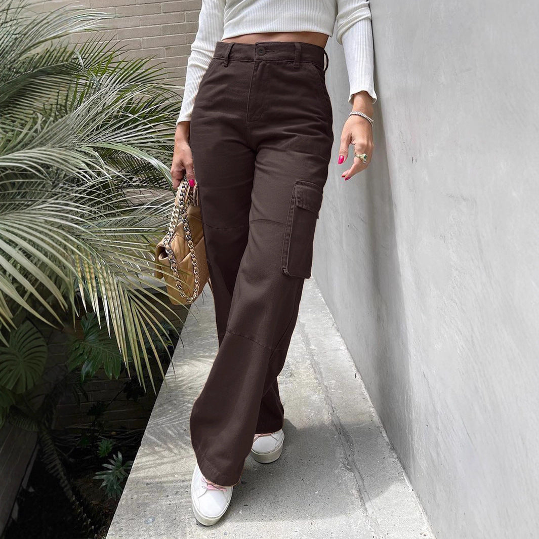 Women's High-Waist Utility Cargo Pants with Wide Leg and Knee Panels Chichicherry