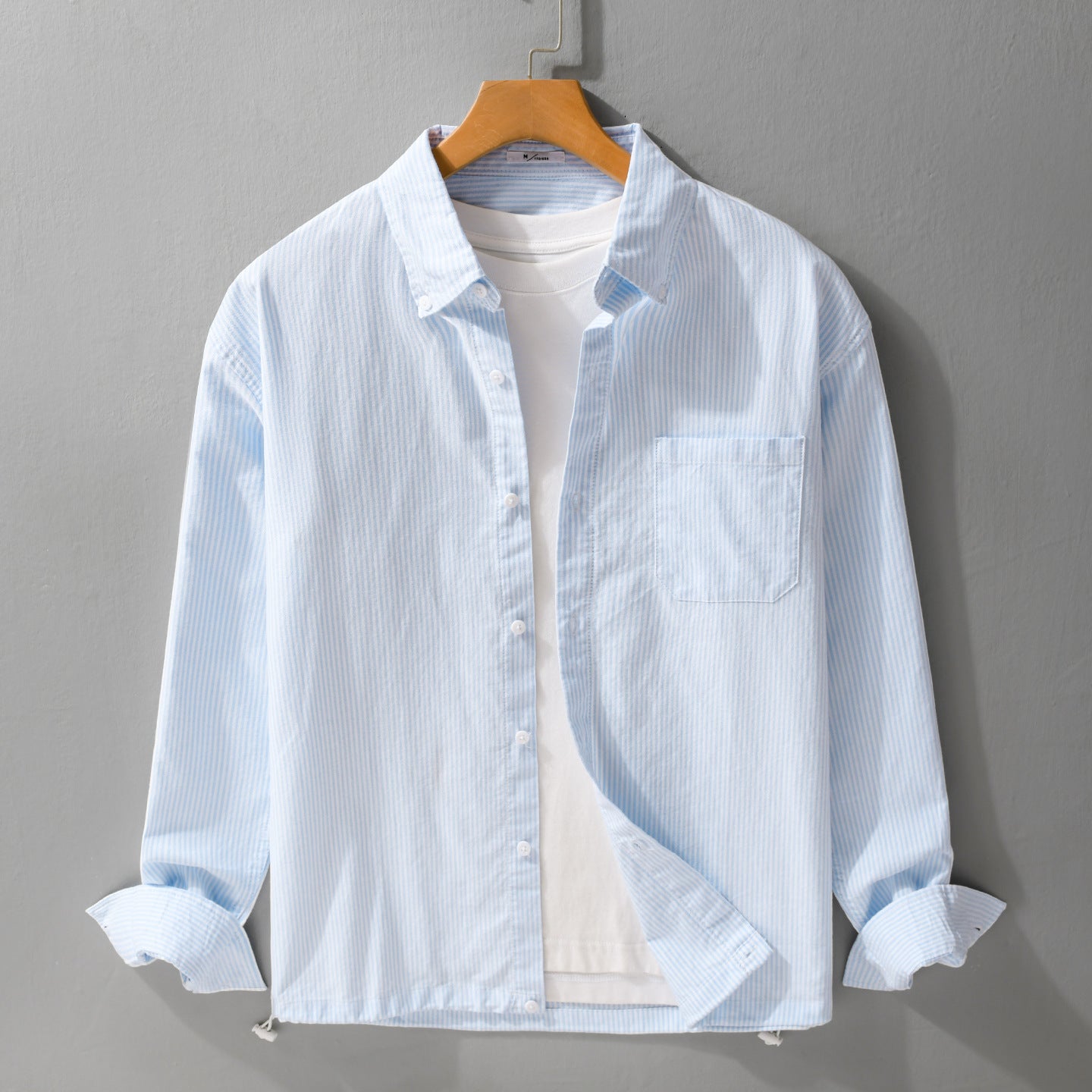 Men's fine stripe cotton overshirt in relaxed fit with kent collar and patch chest pocket Chichicherry