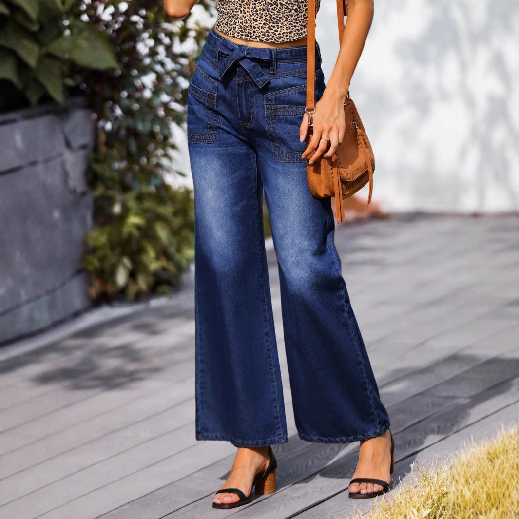 Women High-waisted wide jeans with bow waistband and patch pockets Chichicherry