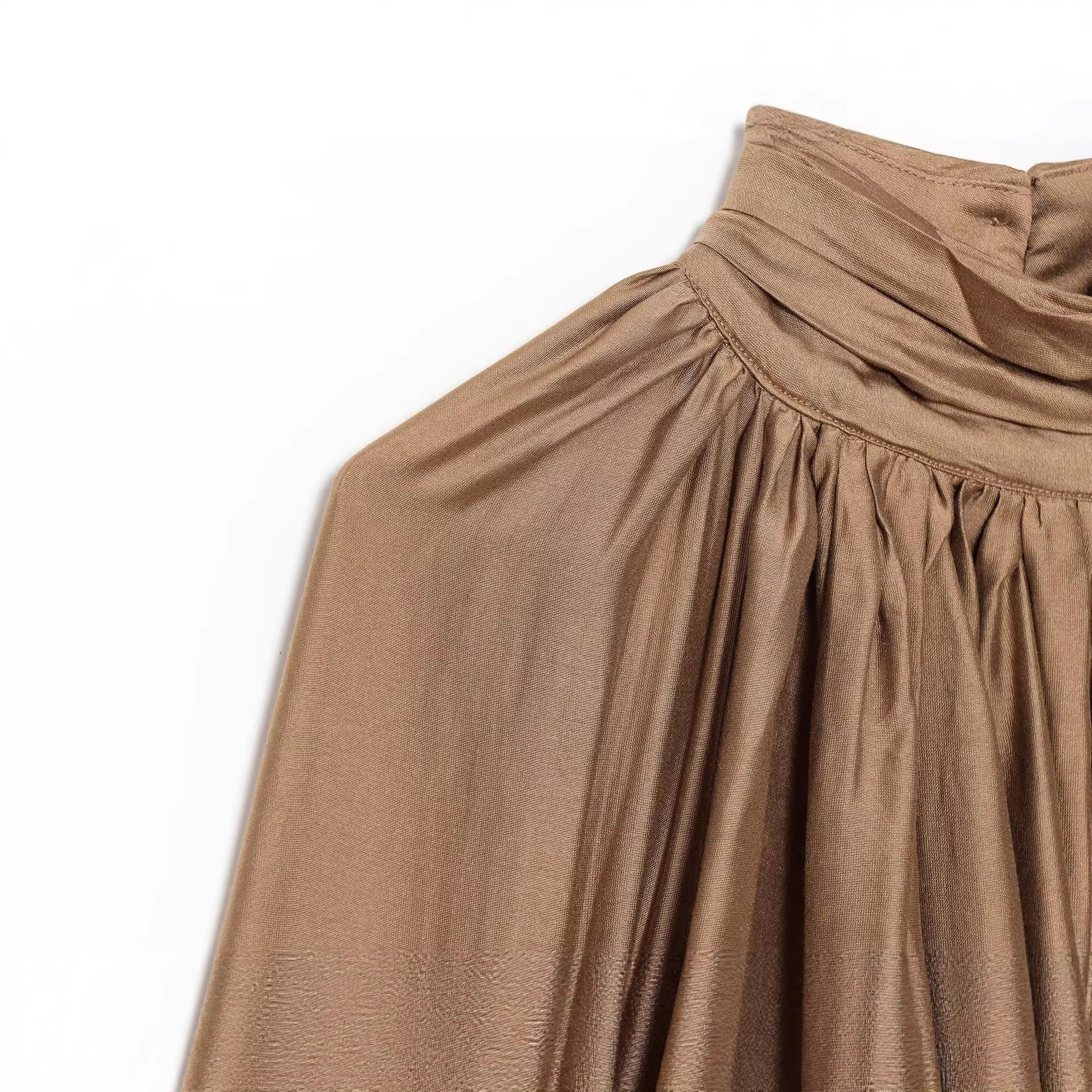 Women's Pleated Satin Blouse with Stand Collar and Balloon Sleeves Chichicherry