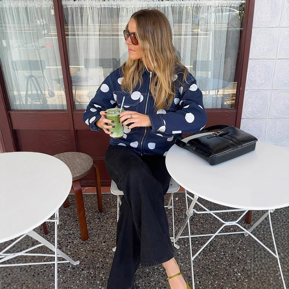 Women's wide cargo pants with high waist, polka dot print and visible contrast stitching Chichicherry
