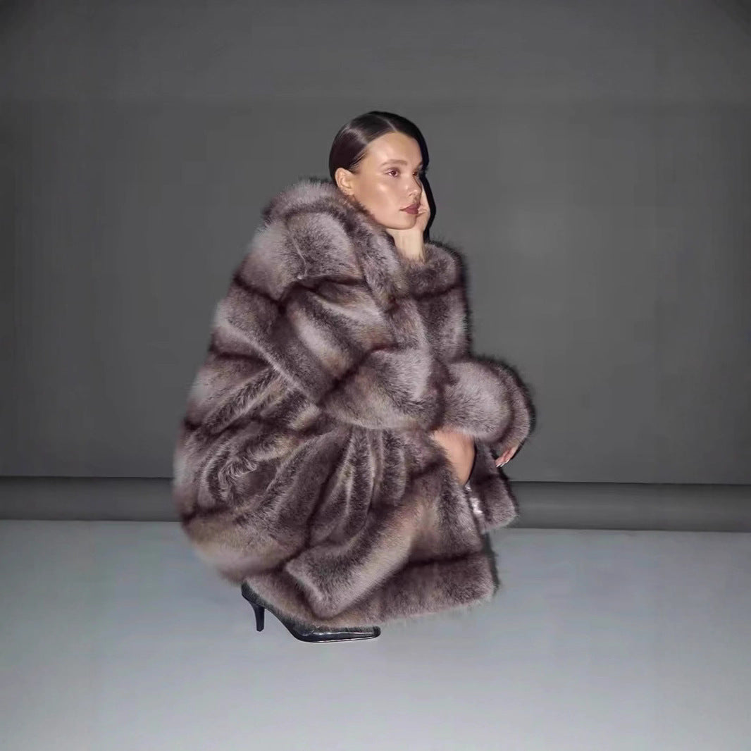 Women's Luxurious Oversized Faux Fur Coat with Hood and Satin Lining Chichicherry