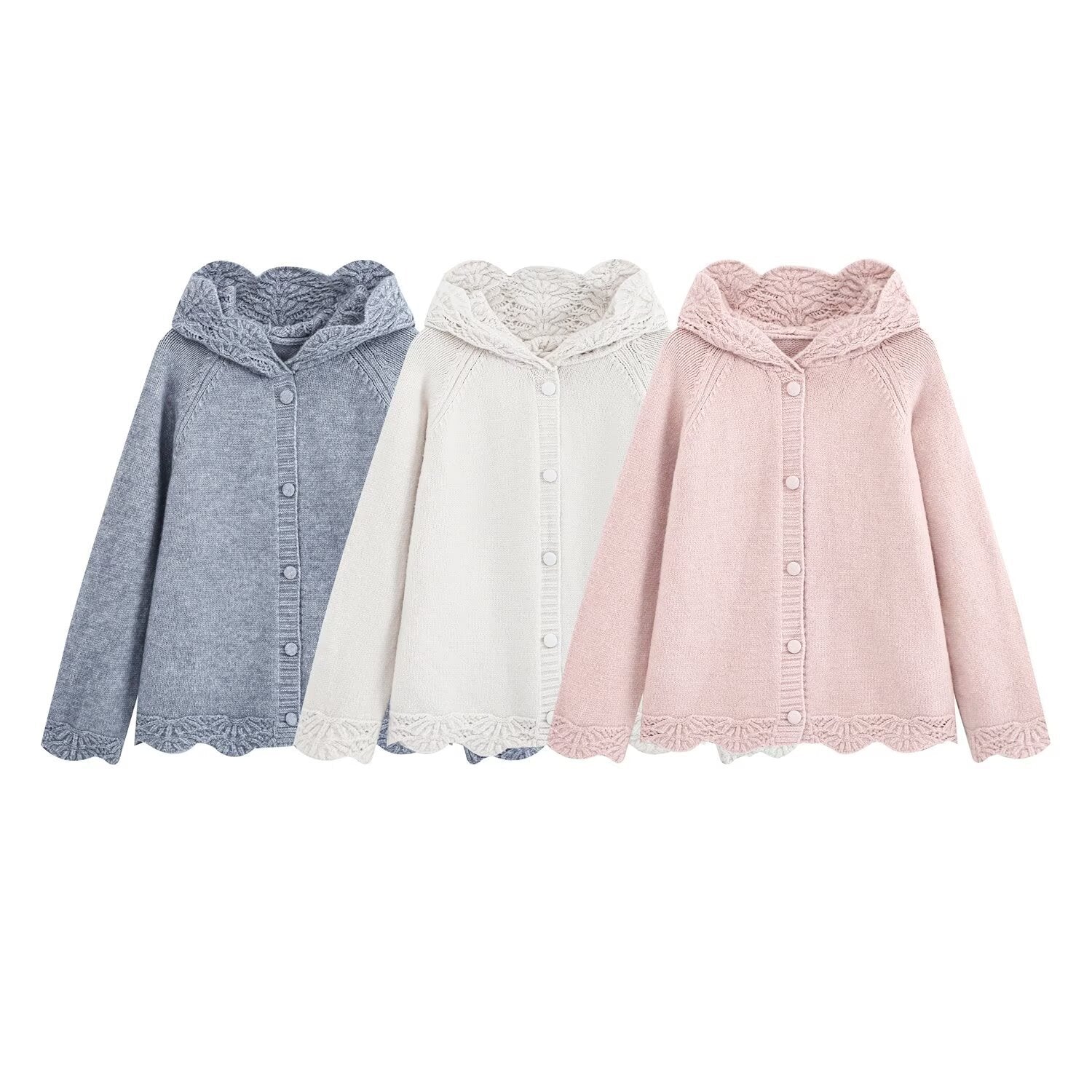 Women's fine knit cardigan with hood, button placket and crocheted trim Chichicherry