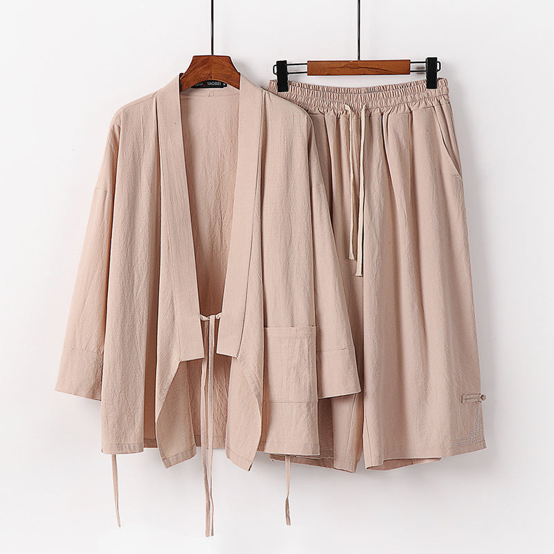 Women's Zen-Kimono-Lounge-Set made of breathable cotton blend with tie waist jacket and wide culotte pants Chichicherry