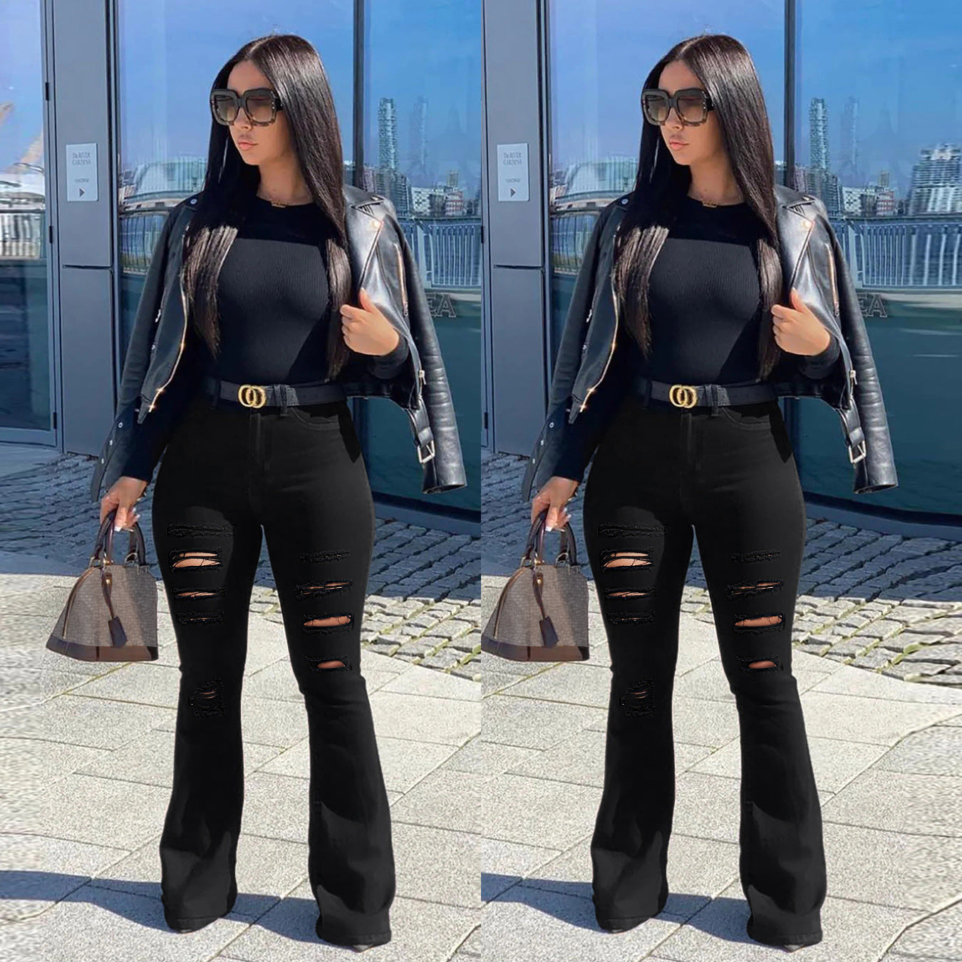 Women's High-Waist Flared Pants in Stretch Denim with Multiple Destroyed Effect Chichicherry