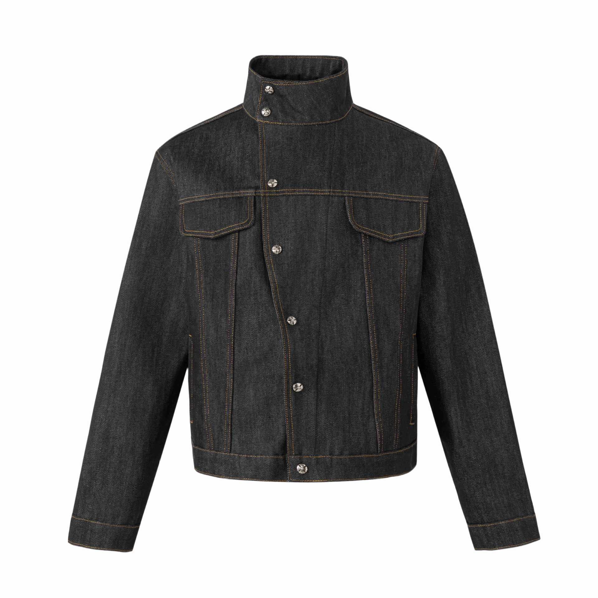 Unisex Short Cut Denim Jacket with High Stand-Up Collar and Decorative Seams Chichicherry