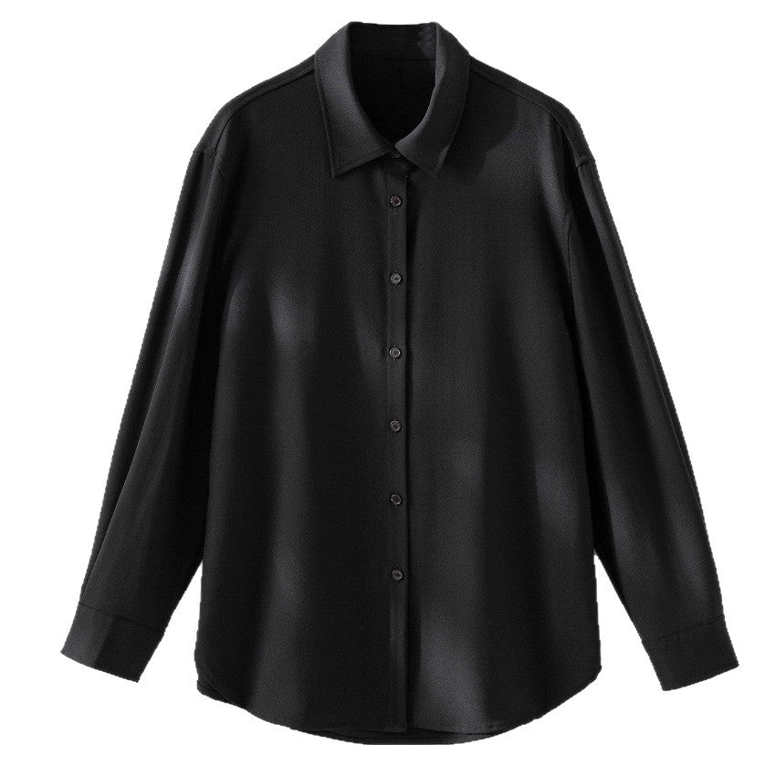 Women's Oversize Satin Blouse in Shirt Cut with Classic Collar and Rounded Hem Chichicherry