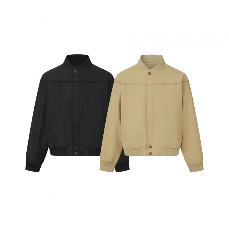 Men's Short-Cut Boxy Bomber Jacket with Ribbed Collar, Concealed Button Placket, and Side Pockets Chichicherry