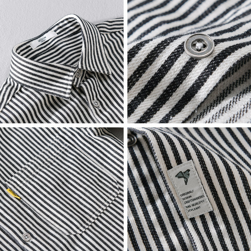 Men's Casual Striped Shirt Jacket Style with Patch Pocket Chichicherry
