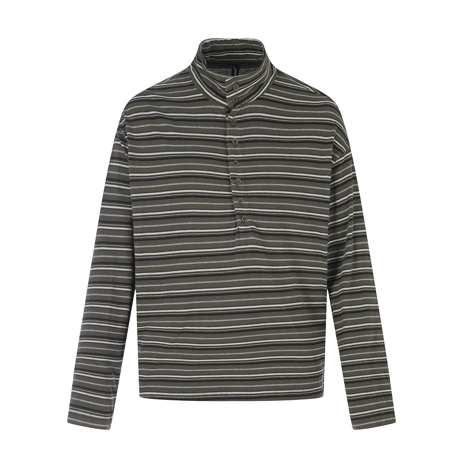 Men's fine striped henley with high stand-up collar, full button placket, and boxy cut Chichicherry