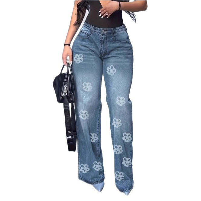 Ladies High-Waist Wide-Leg Denim Jeans with Floral Allover Embroidery Chichicherry
