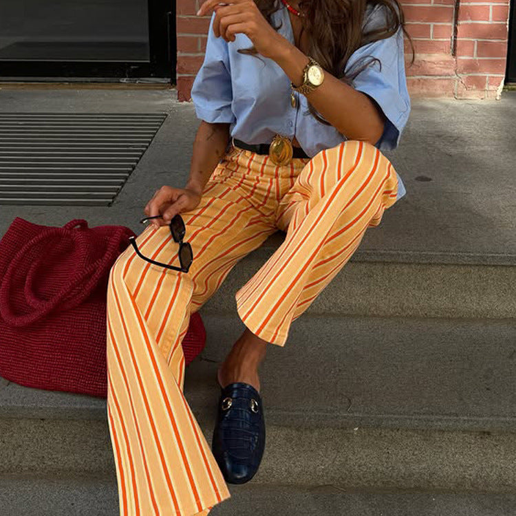 Women Wide Striped Linen Look Pants with High Waist and Straight Leg Chichicherry