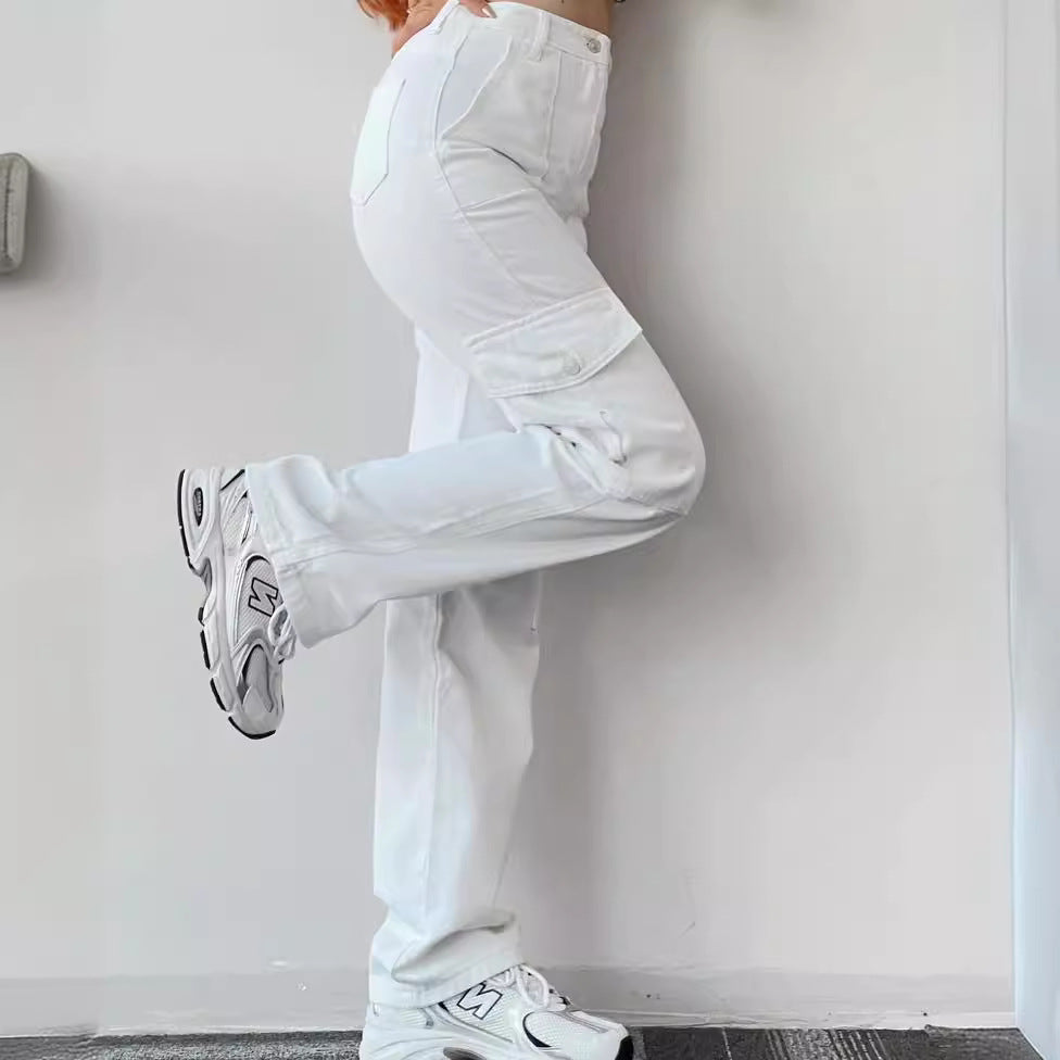 Damen Cargohose mit hoher Taille, geradem Bein und aufgesetzten Pattentaschen Chichicherry