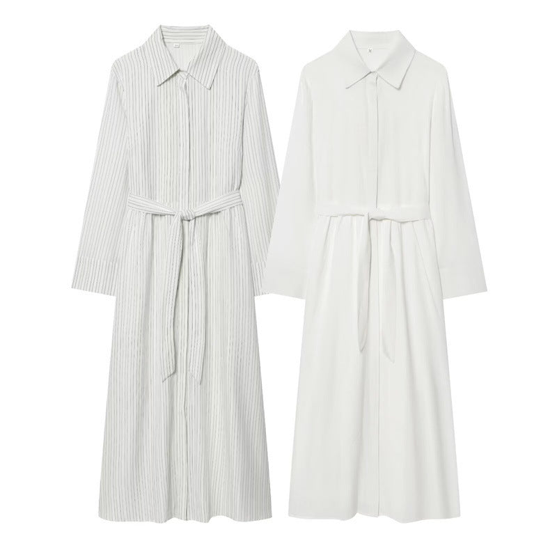 Women Long Shirt Dress with Waist Belt and Continuous Button Placket Chichicherry