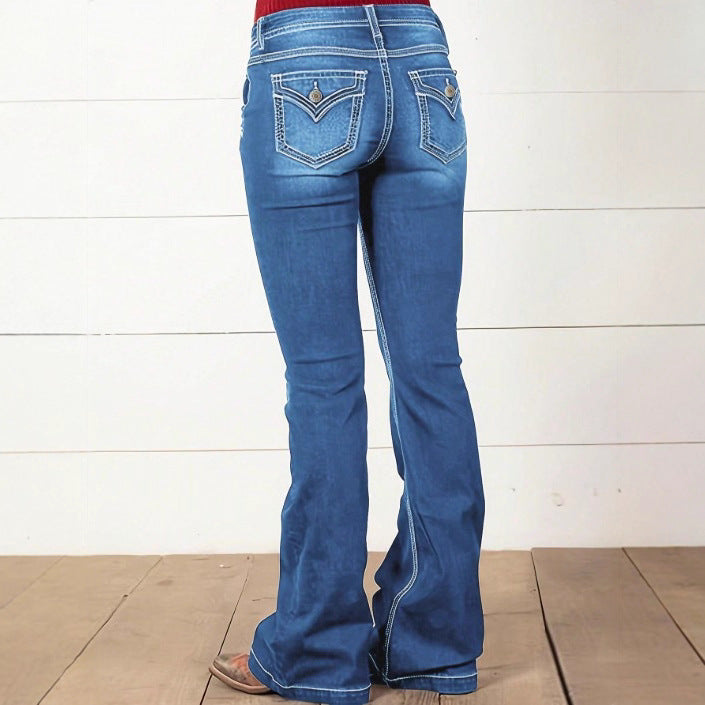 Women's High-Waist Denim Flare Jeans with Side Decorative Button Placket and Sculpting Fit Chichicherry