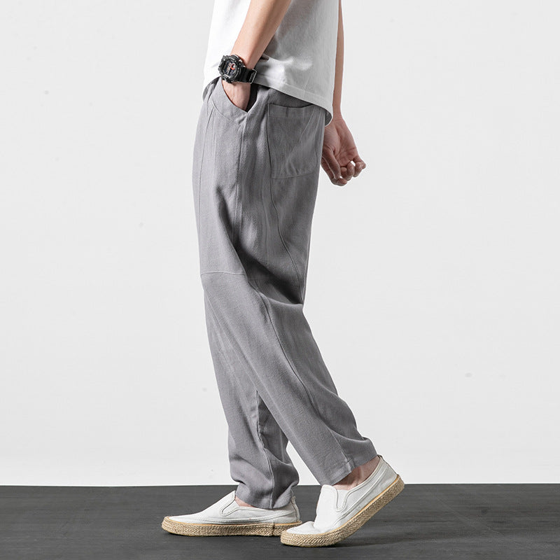 Men's Soft Linen Blend Lounge Pants with Dropped Crotch, Elastic Waistband, and Tapered Leg Chichicherry