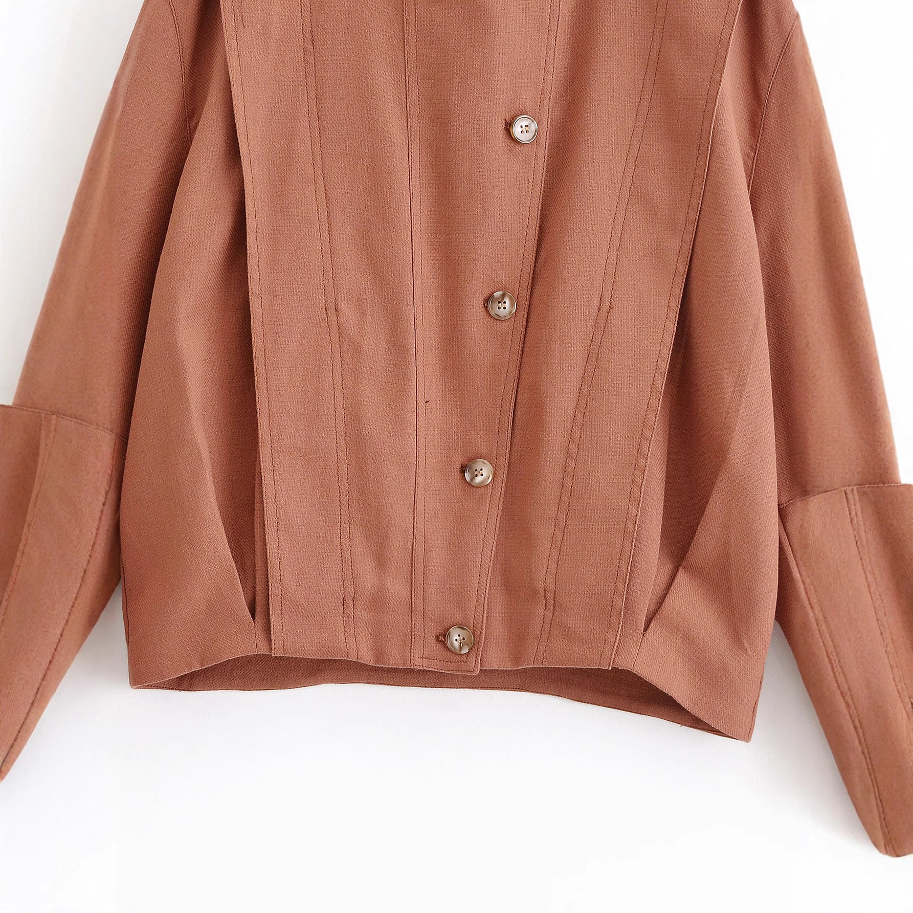 Women's Boxy Transitional Jacket with Round Neck, Decorative Stitching and Visible Button Placket Chichicherry