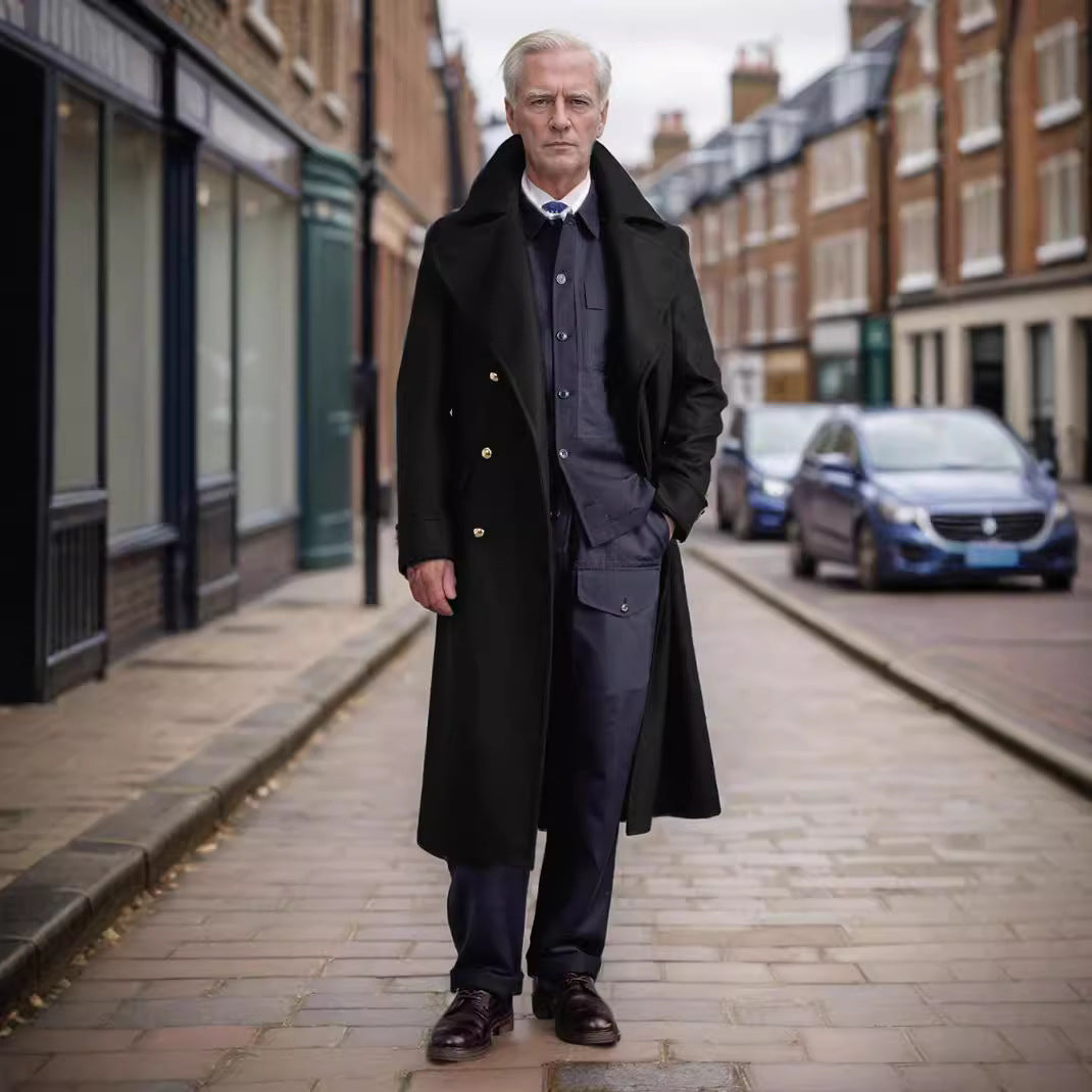 Men's longline coat in military look with wide shawl collar and striking decorative buttons Chichicherry