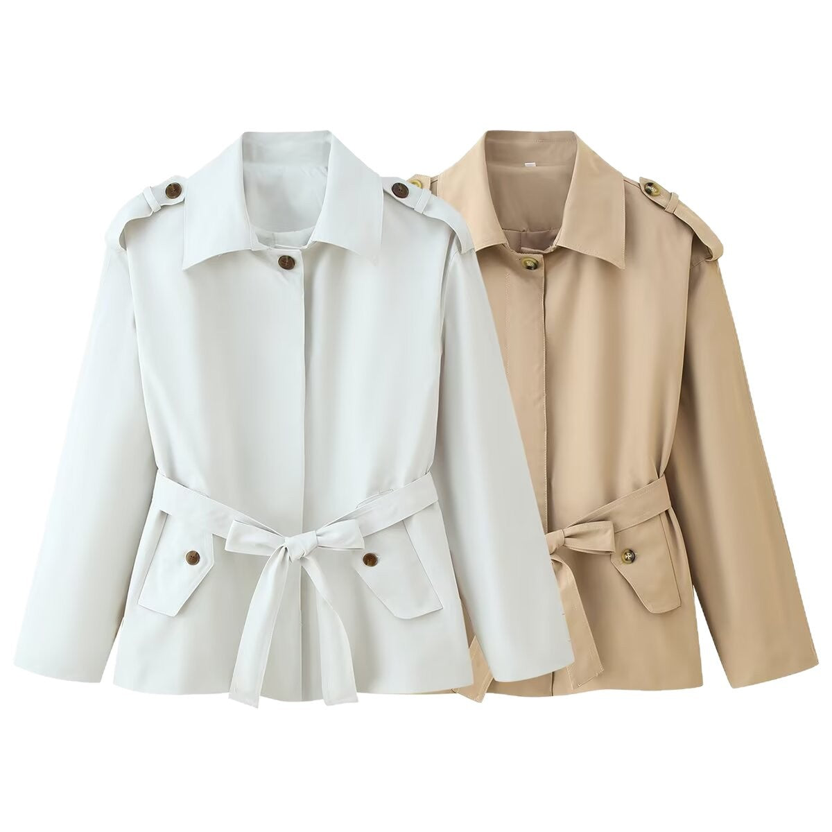 Women's short trench coat with waist belt, shoulder flaps, and patch pockets Chichicherry
