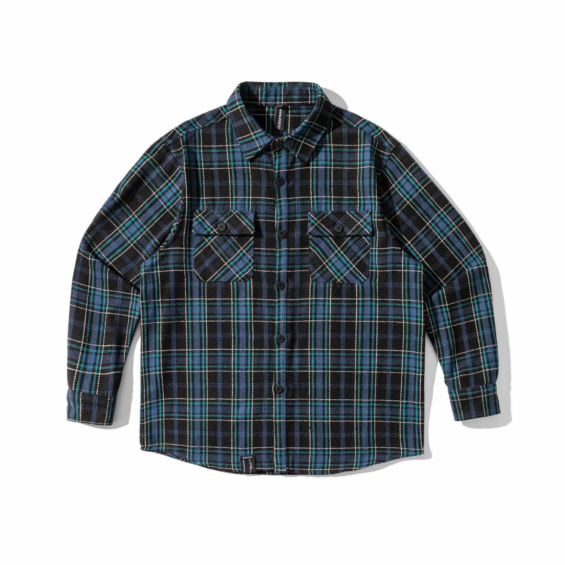 Men's Checked Flannel Overshirt with Rounded Hem and Patch Chest Pockets Chichicherry