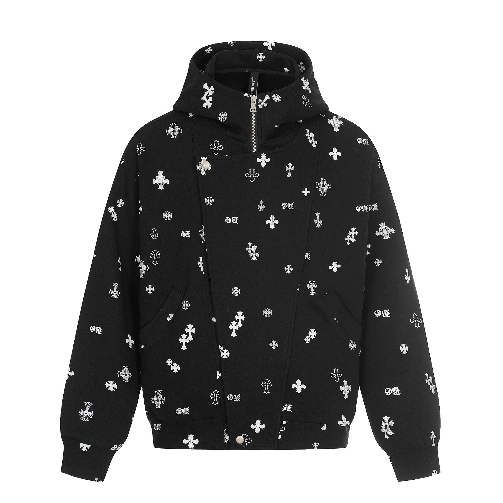 Unisex Boxy Hoodie Jacket with Half Zipper and Allover Print Chichicherry