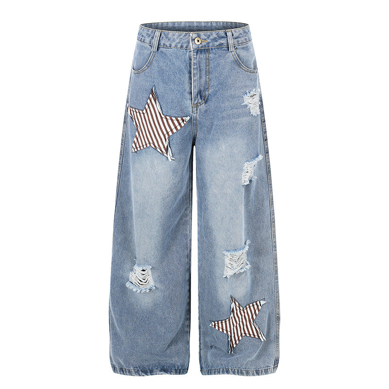 Women's wide high-rise jeans with star appliqués and distressed effect Chichicherry