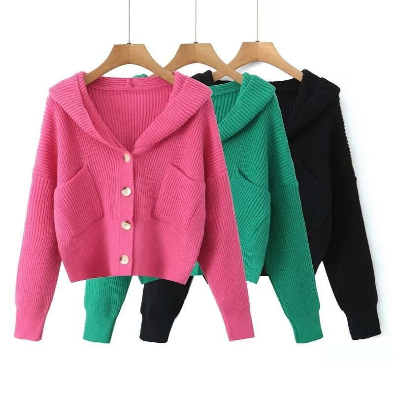 Women's Short Ribbed Knit Cardigan with Wide Hood Collar and Patch Pockets Chichicherry